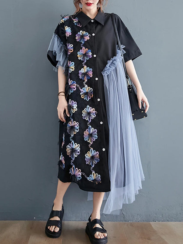 Mesh Stitching Spring Dresses Woman  Trend New long Sleeve Lapel Irregular Midi Dress Female Clothing Fashion