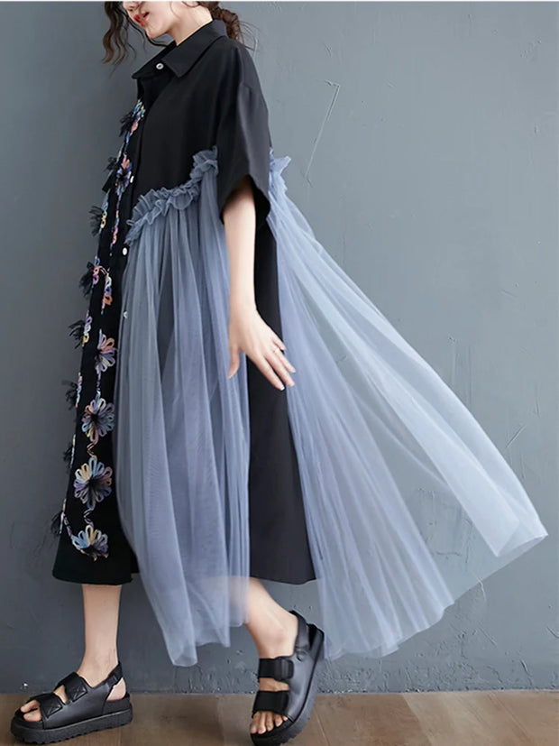 Mesh Stitching Spring Dresses Woman  Trend New long Sleeve Lapel Irregular Midi Dress Female Clothing Fashion