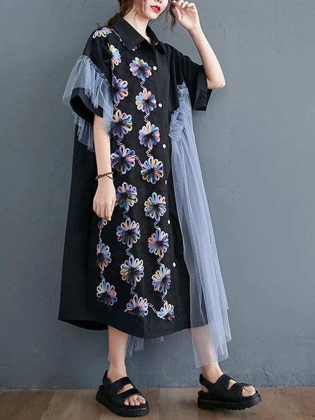 Mesh Stitching Spring Dresses Woman  Trend New long Sleeve Lapel Irregular Midi Dress Female Clothing Fashion