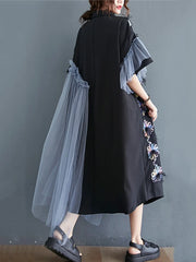 Mesh Stitching Spring Dresses Woman  Trend New long Sleeve Lapel Irregular Midi Dress Female Clothing Fashion