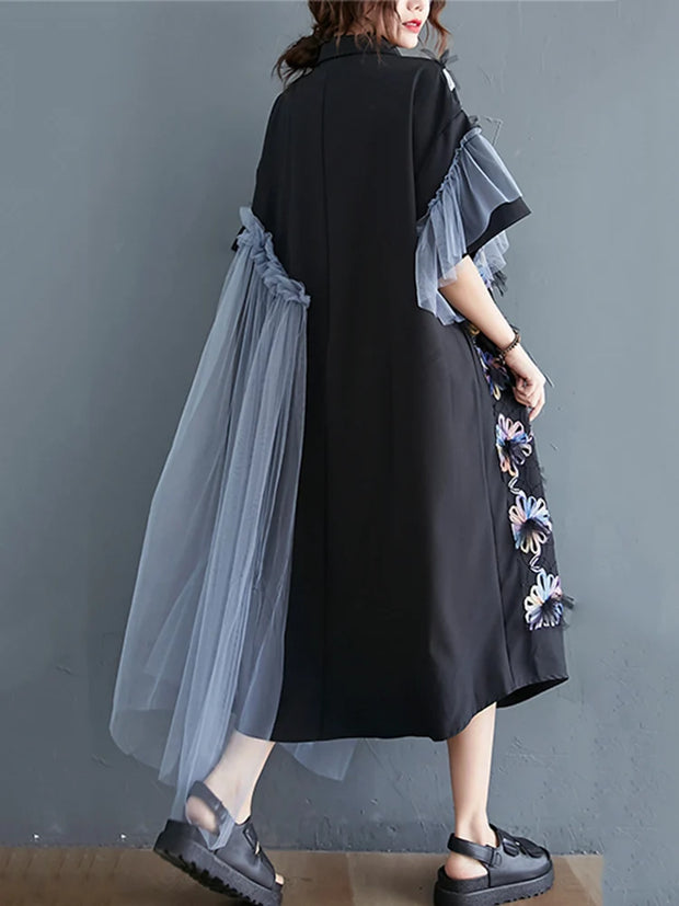 Mesh Stitching Spring Dresses Woman  Trend New long Sleeve Lapel Irregular Midi Dress Female Clothing Fashion