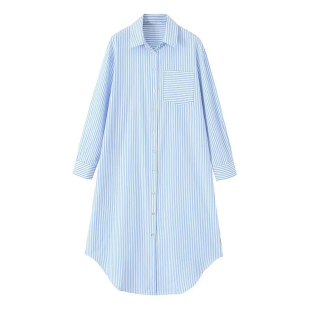 TRAF Stripe Shirt Dress Women  Fashion Loose Long Dresses For Woman Clothing Irregular Casual Dress Vintage Ladies Dresses