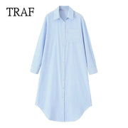 TRAF Stripe Shirt Dress Women  Fashion Loose Long Dresses For Woman Clothing Irregular Casual Dress Vintage Ladies Dresses