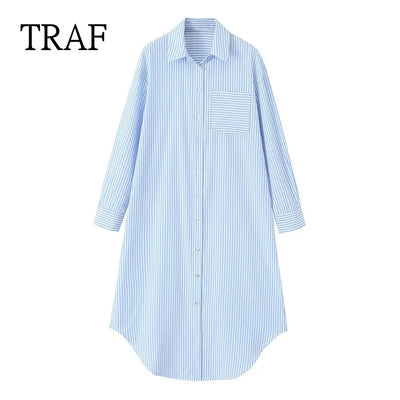 TRAF Stripe Shirt Dress Women  Fashion Loose Long Dresses For Woman Clothing Irregular Casual Dress Vintage Ladies Dresses