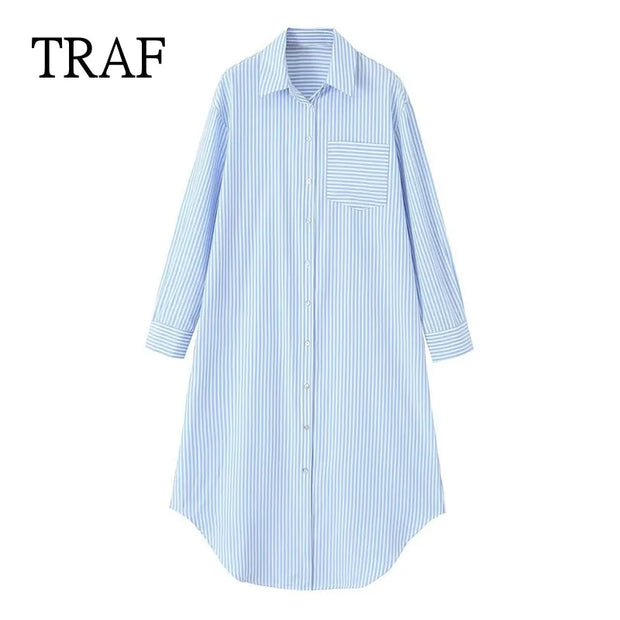 TRAF Stripe Shirt Dress Women  Fashion Loose Long Dresses For Woman Clothing Irregular Casual Dress Vintage Ladies Dresses