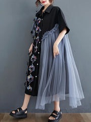 Mesh Stitching Spring Dresses Woman  Trend New long Sleeve Lapel Irregular Midi Dress Female Clothing Fashion