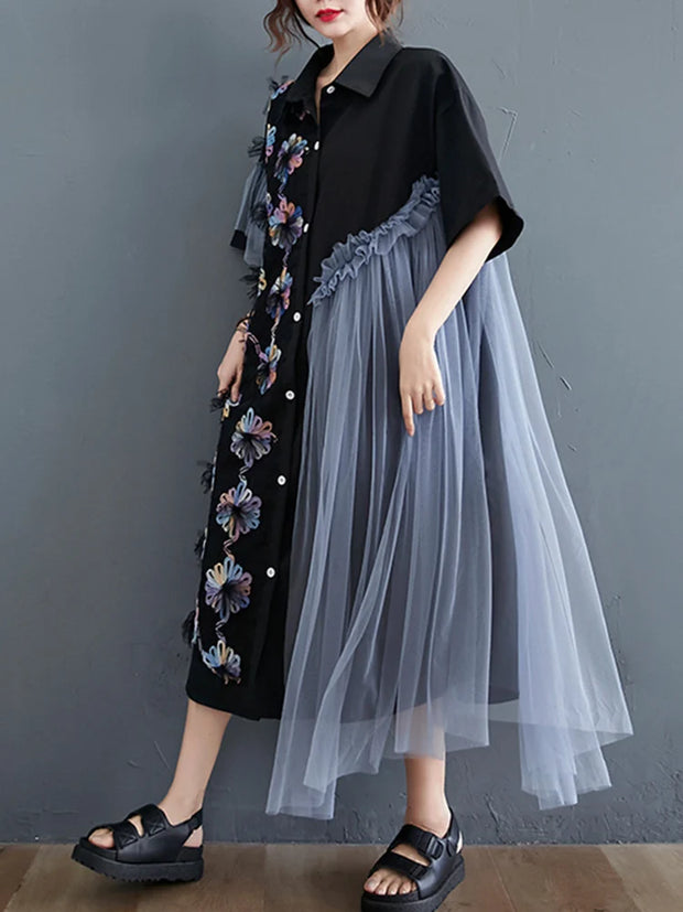 Mesh Stitching Spring Dresses Woman  Trend New long Sleeve Lapel Irregular Midi Dress Female Clothing Fashion